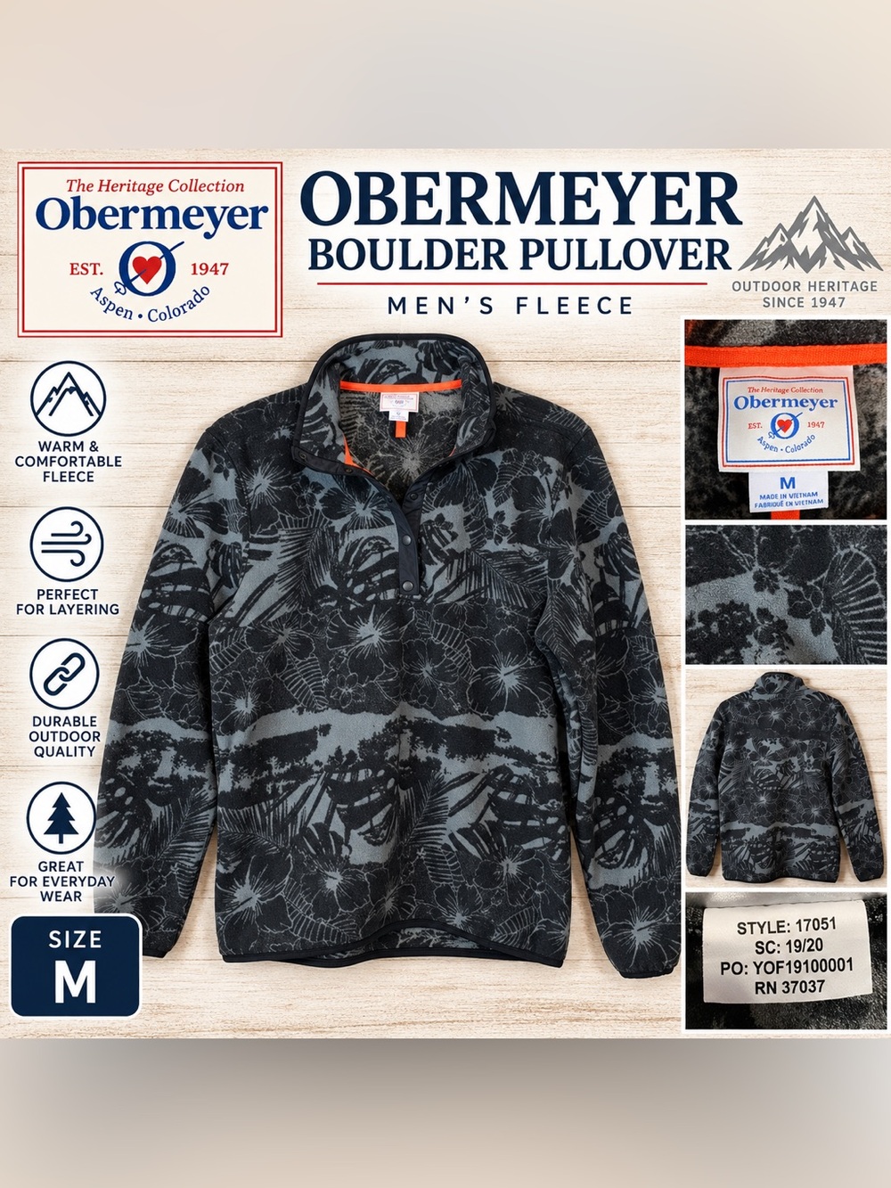 Obermeyer Boulder Pullover Fleece Men’s Medium Black Gray Floral Heritage